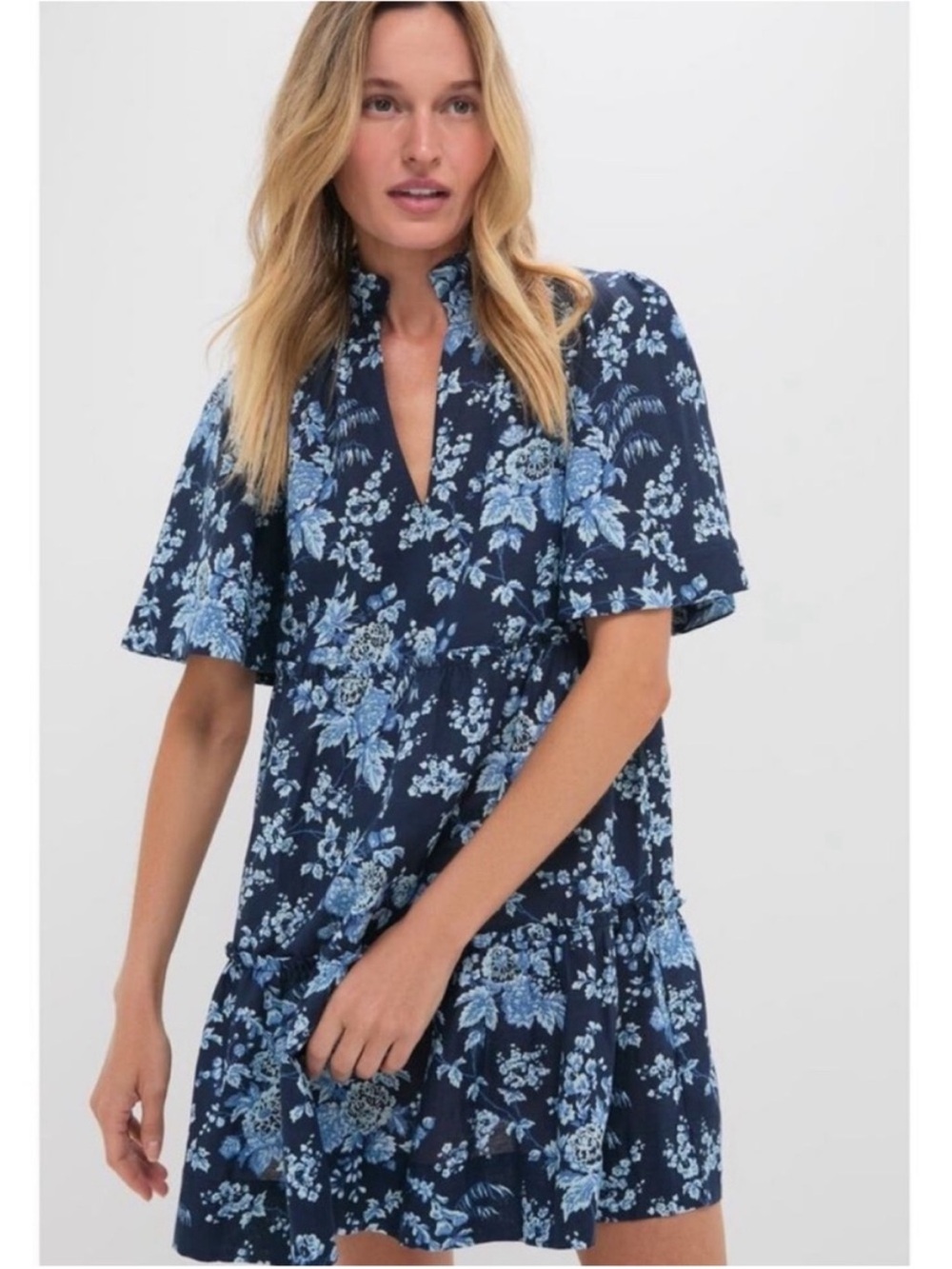 TUCKERNUCK Twilight Garden Crawford Dress Blue Floral Tiered Mini Linen Blend - Picture 2 of 9